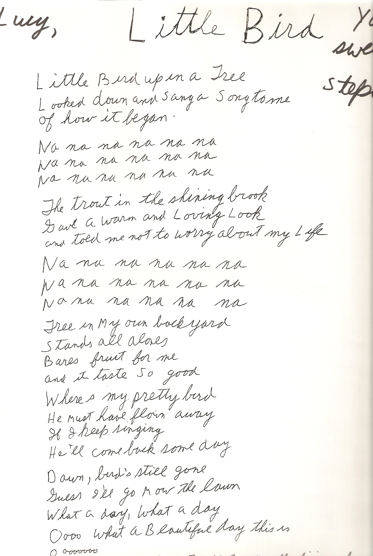 Little Bird, handwritten by Stephen John Kalinich