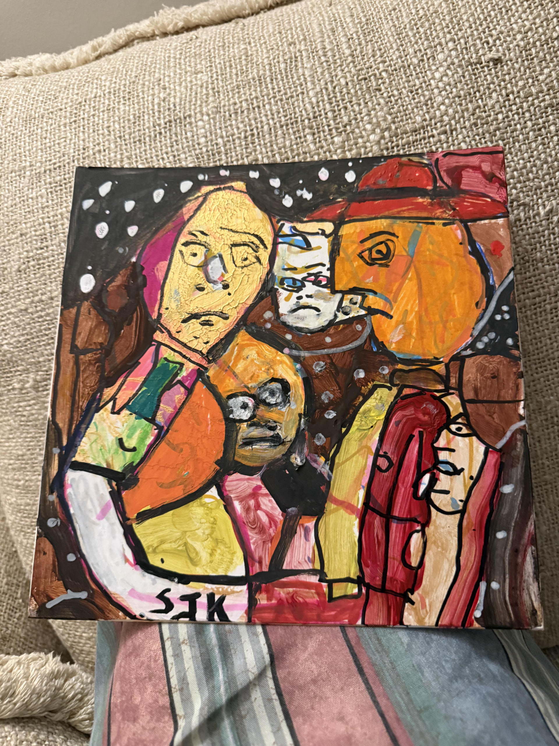 Painting by Stephen John Kalinich of figures in red, orange and pink, signed SJK